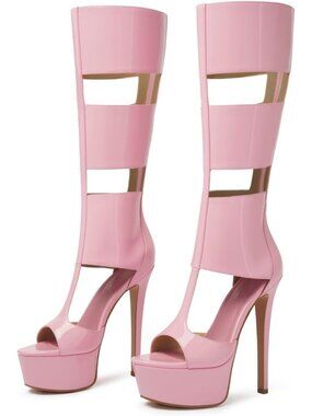 Women's Pink Knee High Heels Gladiator Open Toe Summer Boots Black Heels Sandal